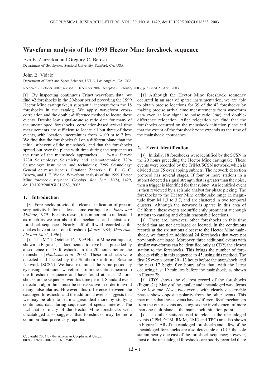 Waveform Analysis of the 1999 Hector Mine Foreshock Sequence Eva E