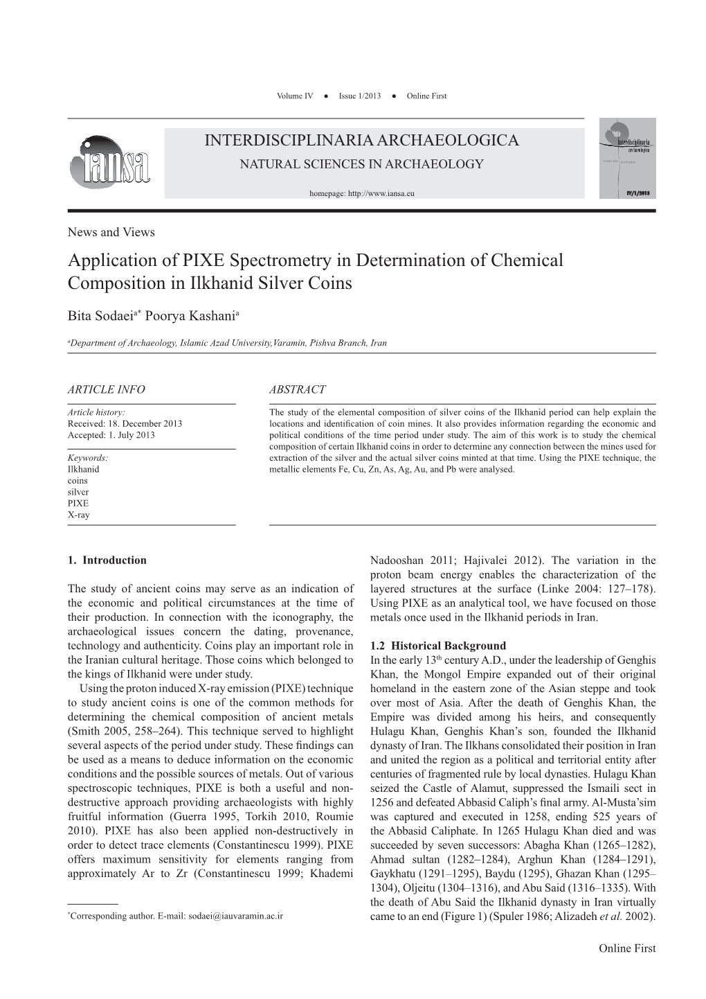 Application of PIXE Spectrometry in Determination of Chemical Composition in Ilkhanid Silver Coins