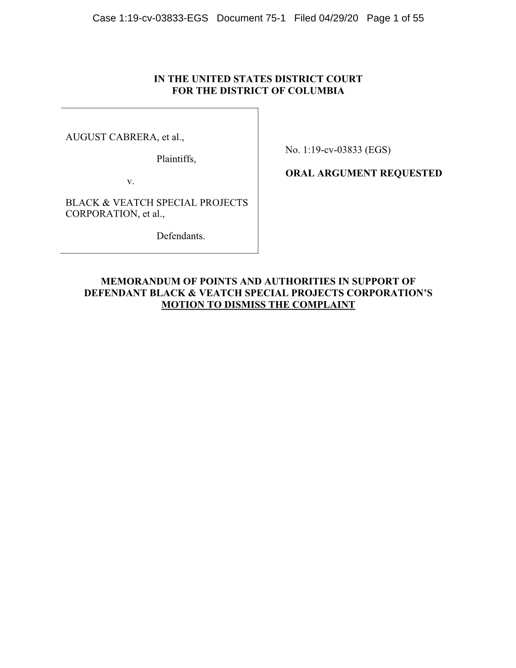 IN the UNITED STATES DISTRICT COURT for the DISTRICT of COLUMBIA AUGUST CABRERA, Et Al., Plaintiffs, V. BLACK & VEATCH SPEC