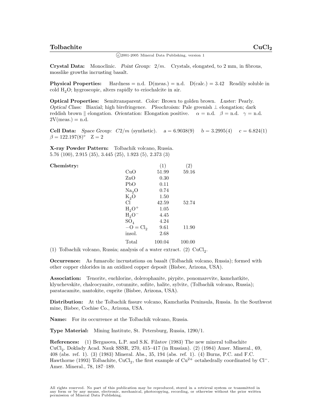 Tolbachite Cucl2 C 2001-2005 Mineral Data Publishing, Version 1