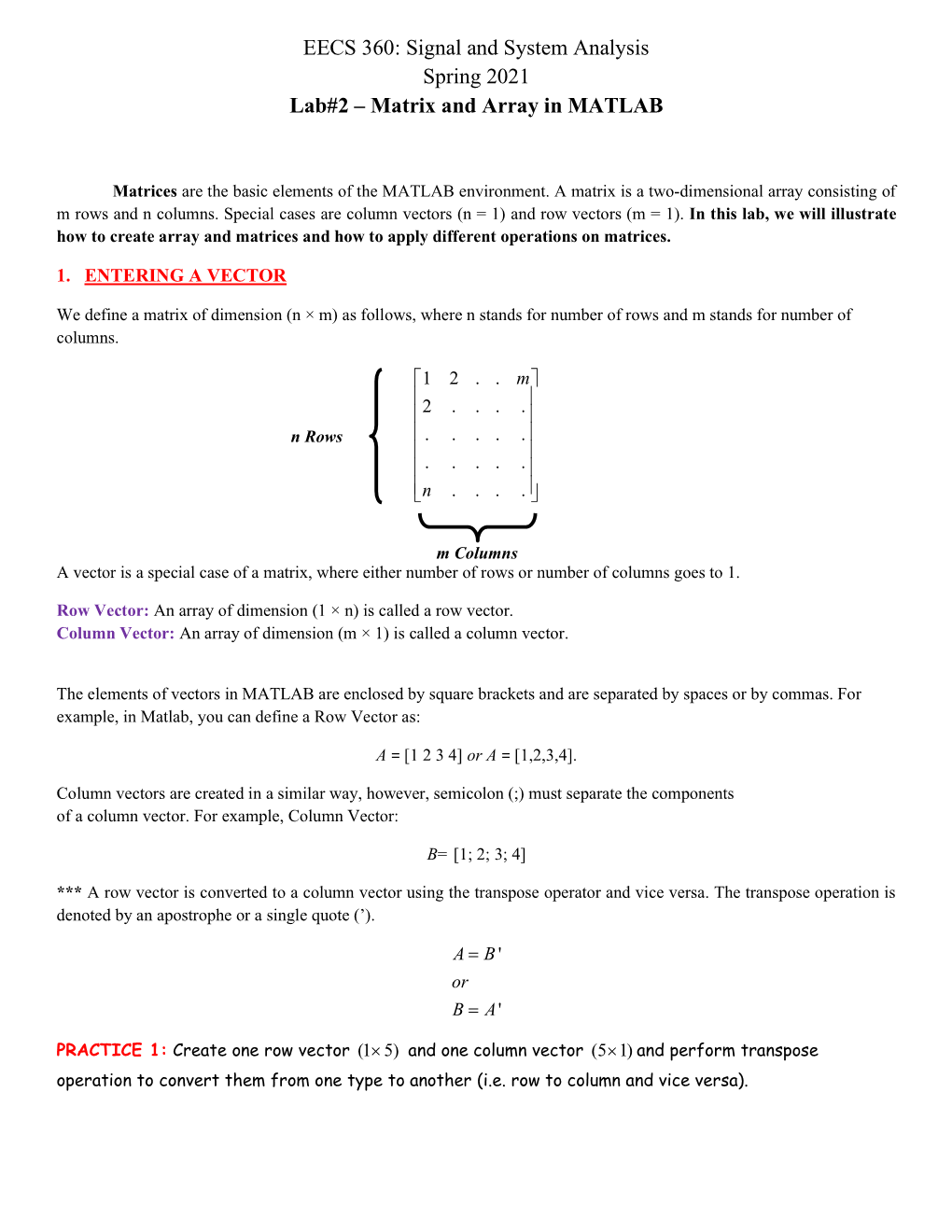 EECS 360: Signal and System Analysis Spring 2021 Lab#2 – Matrix and Array in MATLAB