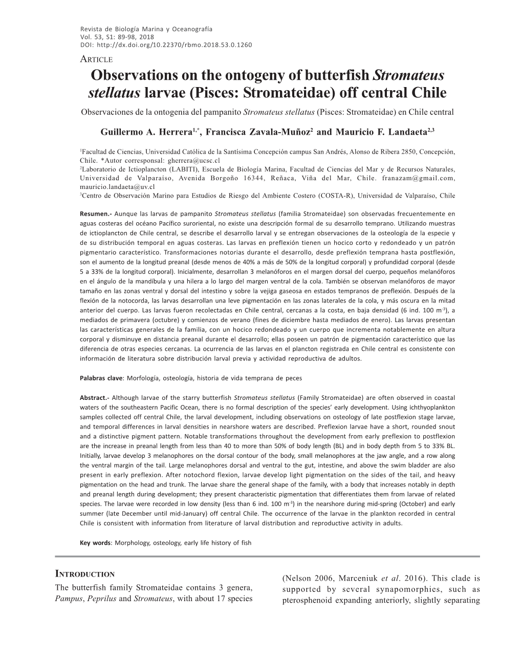 Observations on the Ontogeny of Butterfish Stromateus Stellatus Larvae