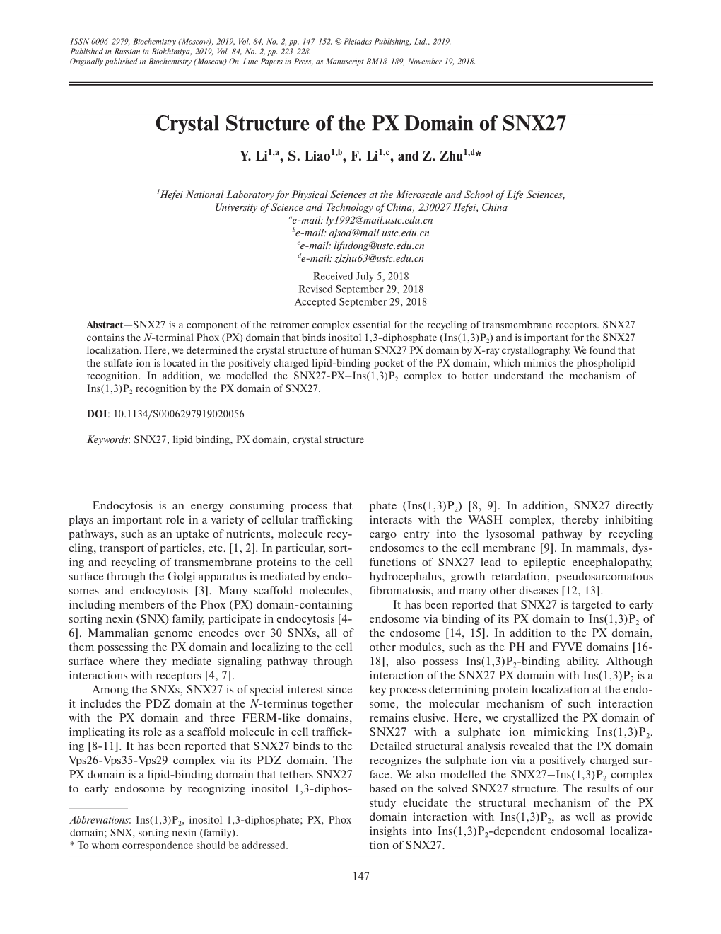 Crystal Structure of the PX Domain of SNX27