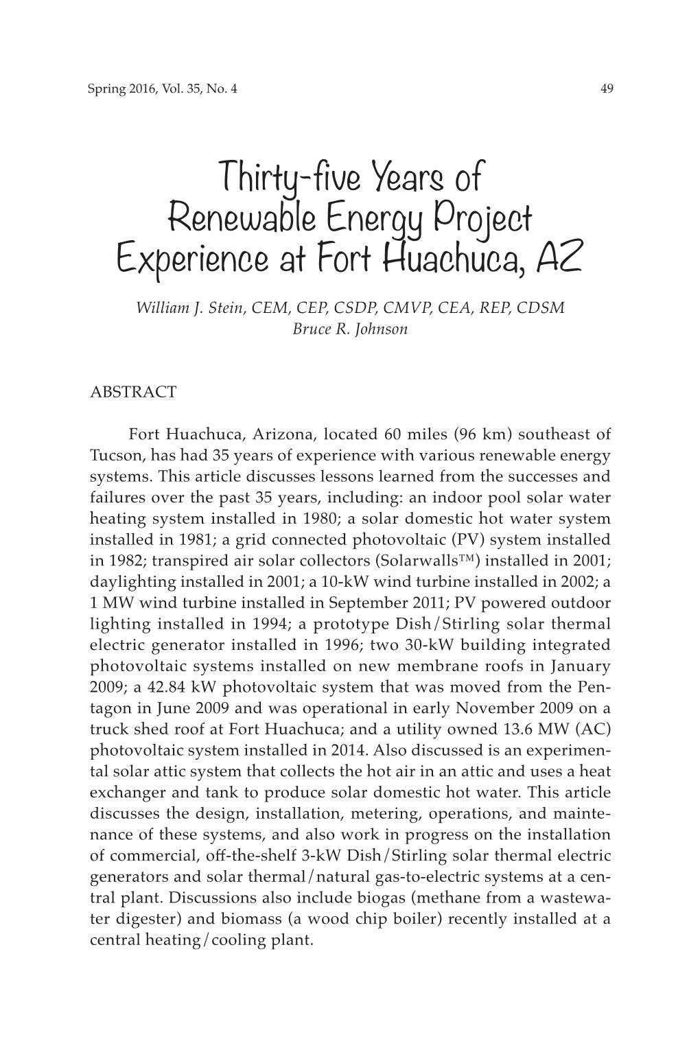 Thirty-Five Years of Renewable Energy Project Experience at Fort Huachuca, AZ