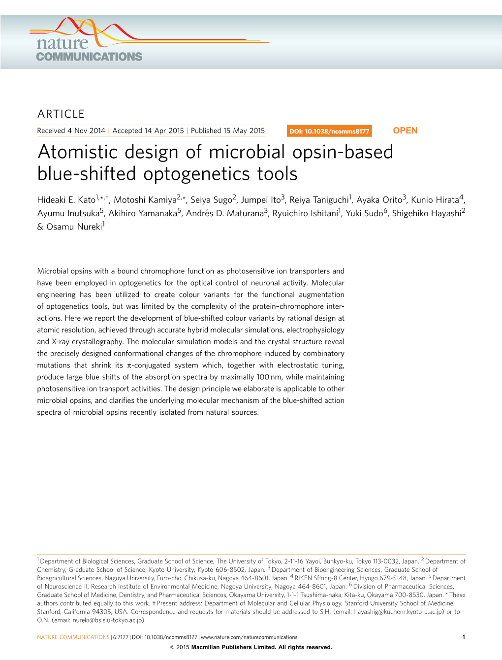 Atomistic Design of Microbial Opsin-Based Blue-Shifted Optogenetics Tools