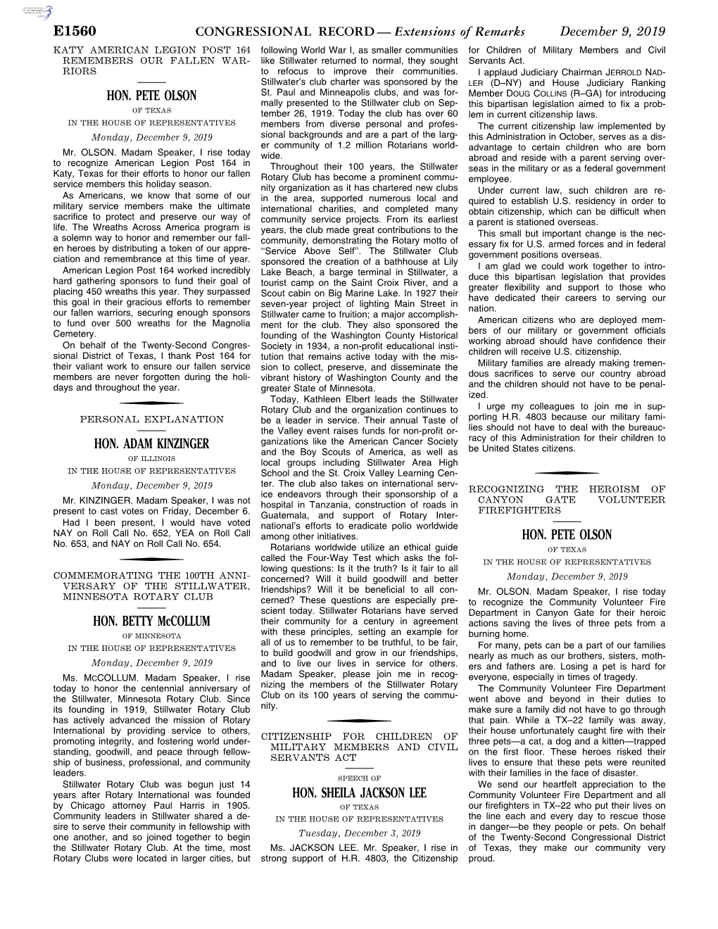 CONGRESSIONAL RECORD— Extensions of Remarks E1560 HON. PETE OLSON HON. ADAM KINZINGER HON. BETTY Mccollum HON. SHEILA JACKSON