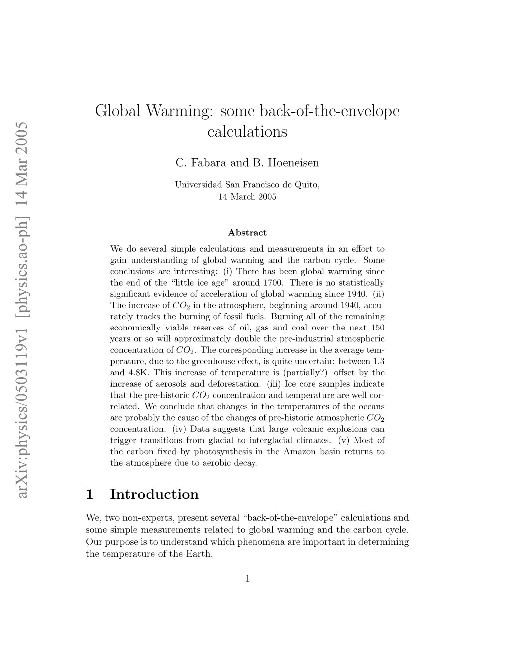 14 Mar 2005 Global Warming: Some Back-Of-The-Envelope Calculations