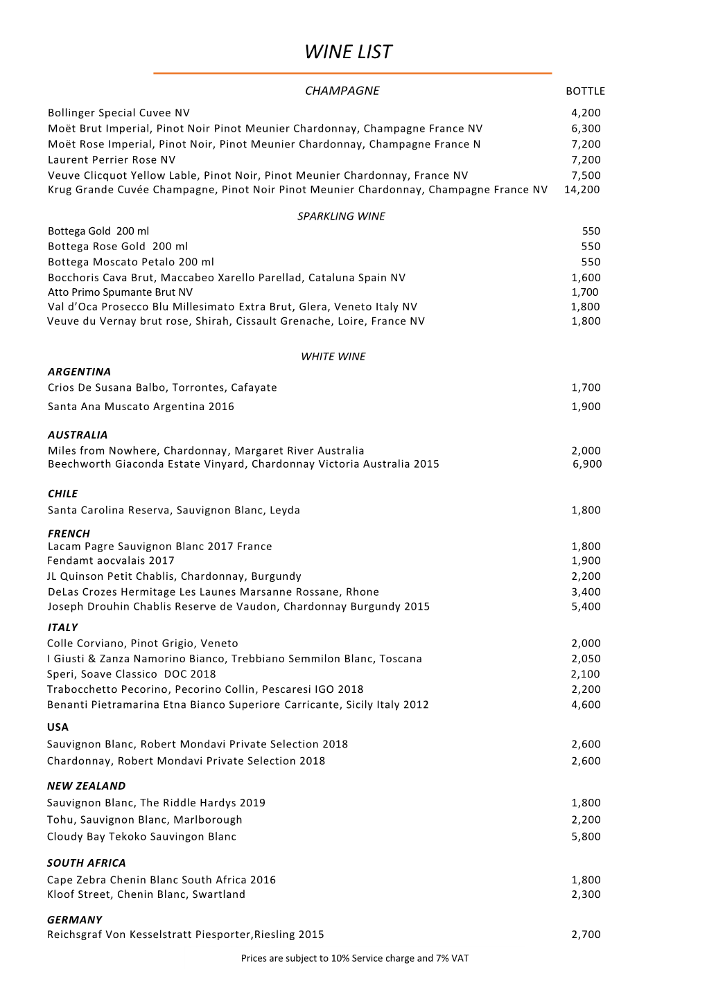 Spectrum Lounge and Bar Master Wine List Dec 2020