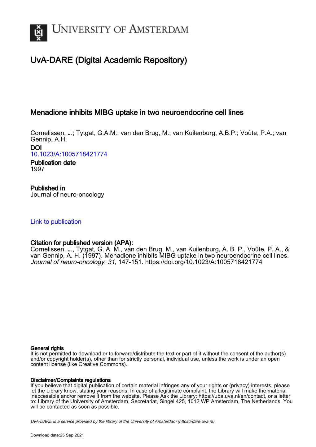 Menadione Inhibits MIBG Uptake in Two Neuroendocrine Cell Lines