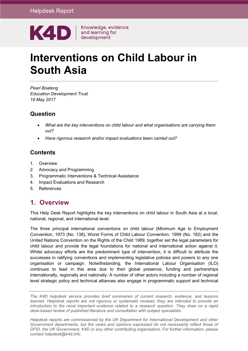 Interventions on Child Labour in South Asia