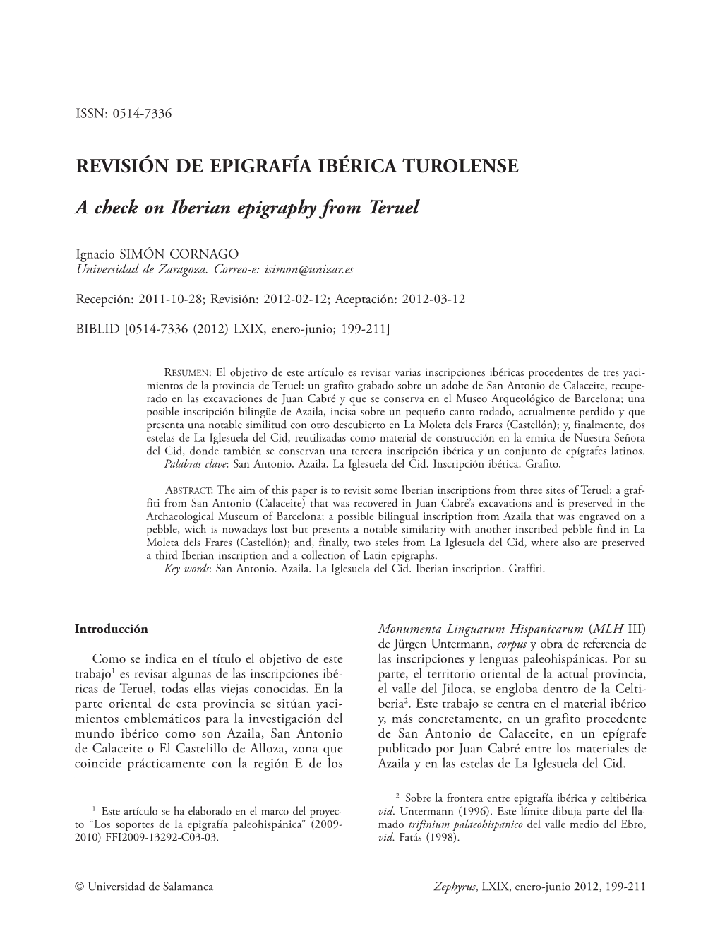 Revisión De Epigrafía Ibérica Turolense = a Check On