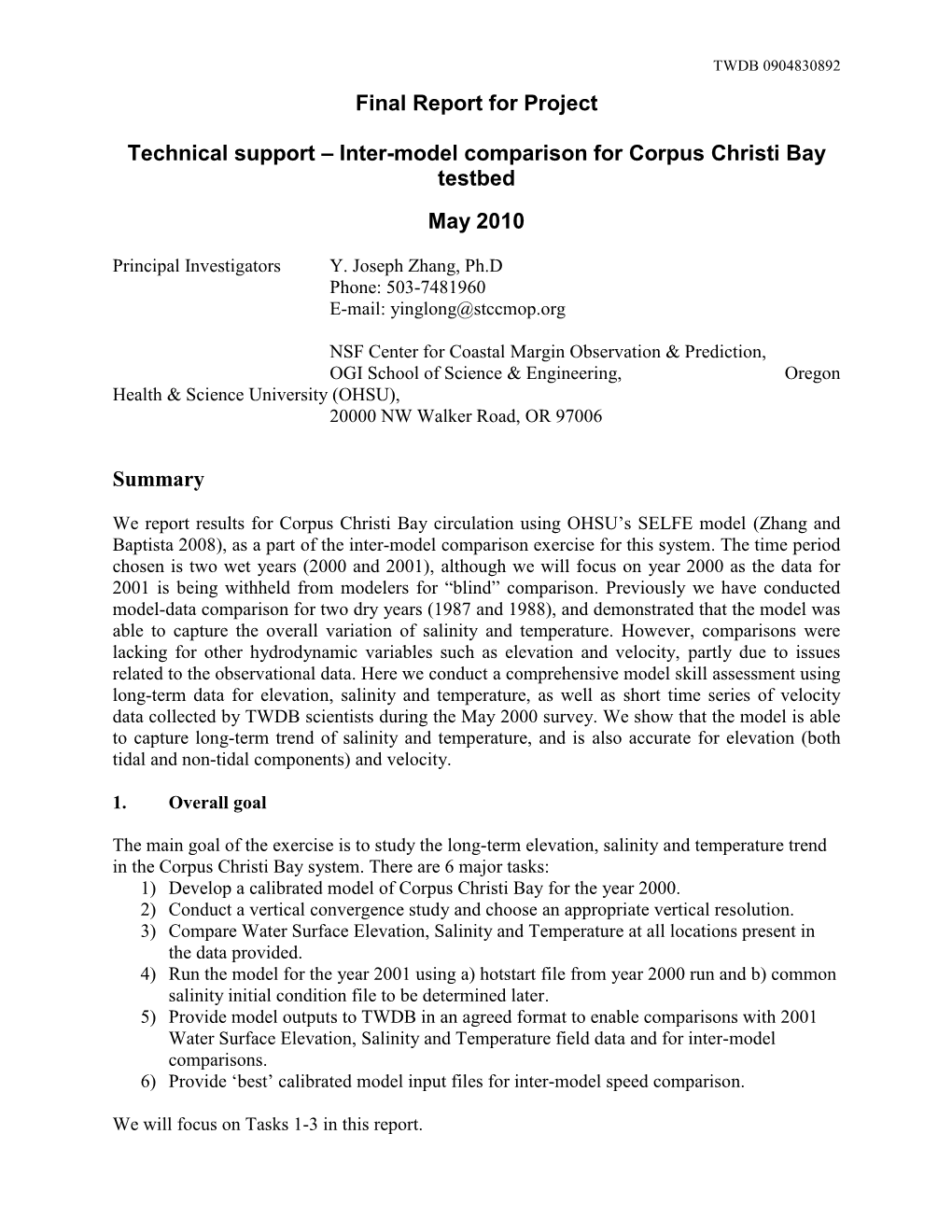 Inter-Model Comparison for Corpus Christi Bay Testbed