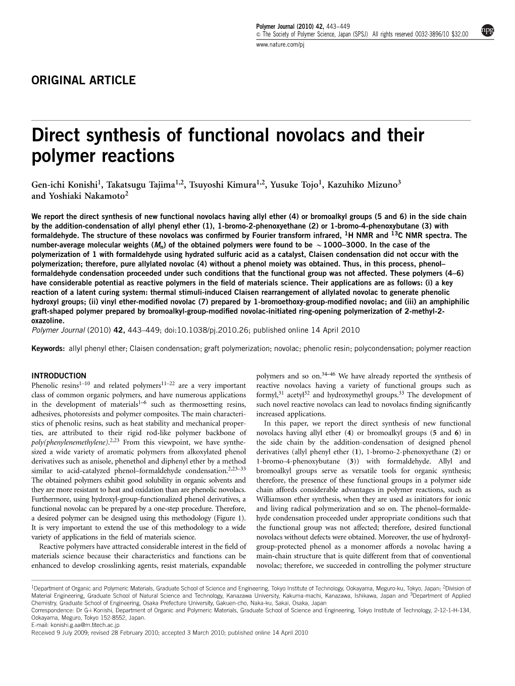 Direct Synthesis of Functional Novolacs and Their Polymer Reactions