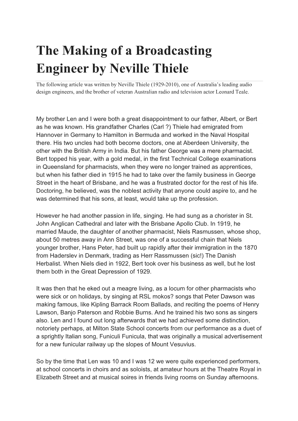 The Making of a Broadcasting Engineer by Neville Thiele