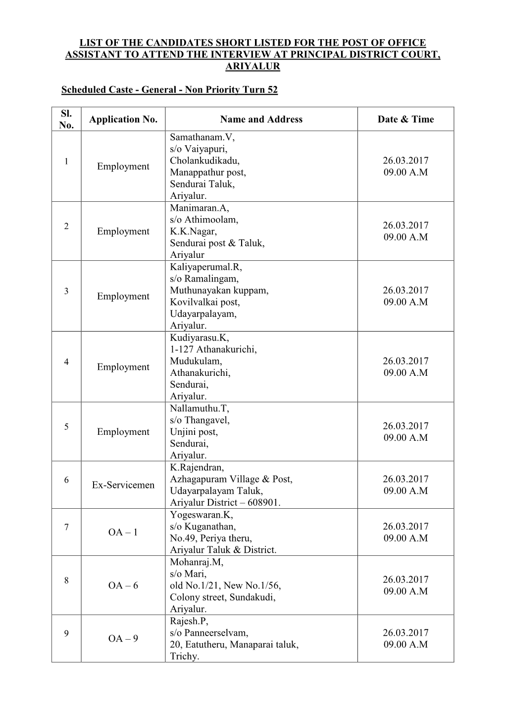 List of the Candidates Short Listed for the Post of Office Assistant to Attend the Interview at Principal District Court, Ariyalur