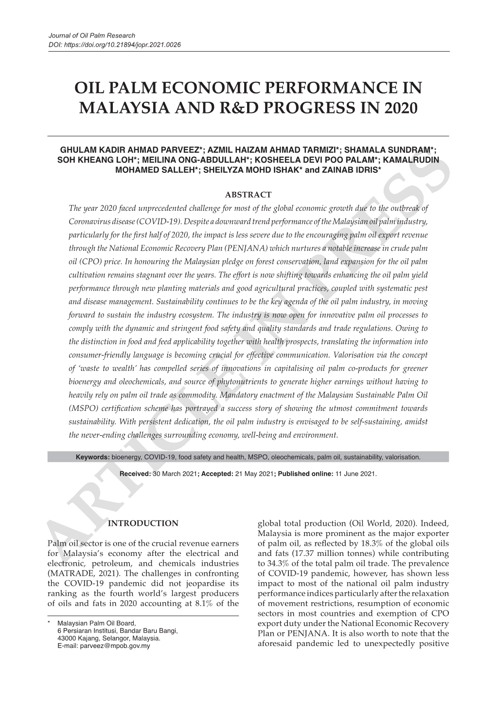 Oil Palm Economic Performance in Malaysia and R&D Progress in 2020