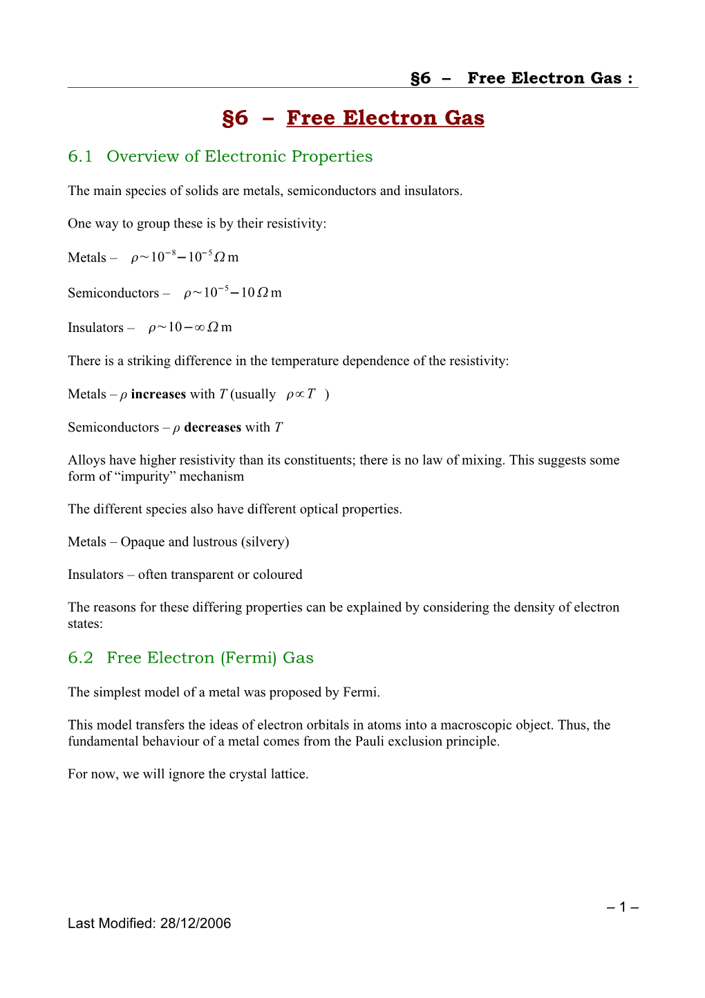 §6 – Free Electron Gas : §6 – Free Electron Gas