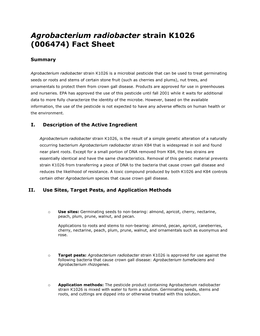 Agrobacterium Radiobacter Strain K1026 (006474) Fact Sheet