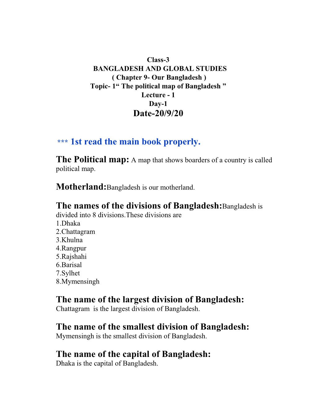 The Political Map of Bangladesh ” Lecture - 1 Day-1 Date-20/9/20