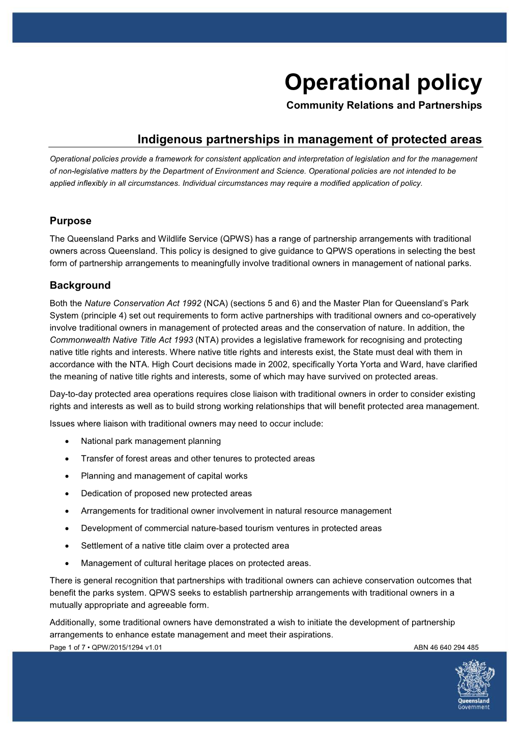 QPW/2015/1294 Indigenous Partnerships in Management of Protected Areas