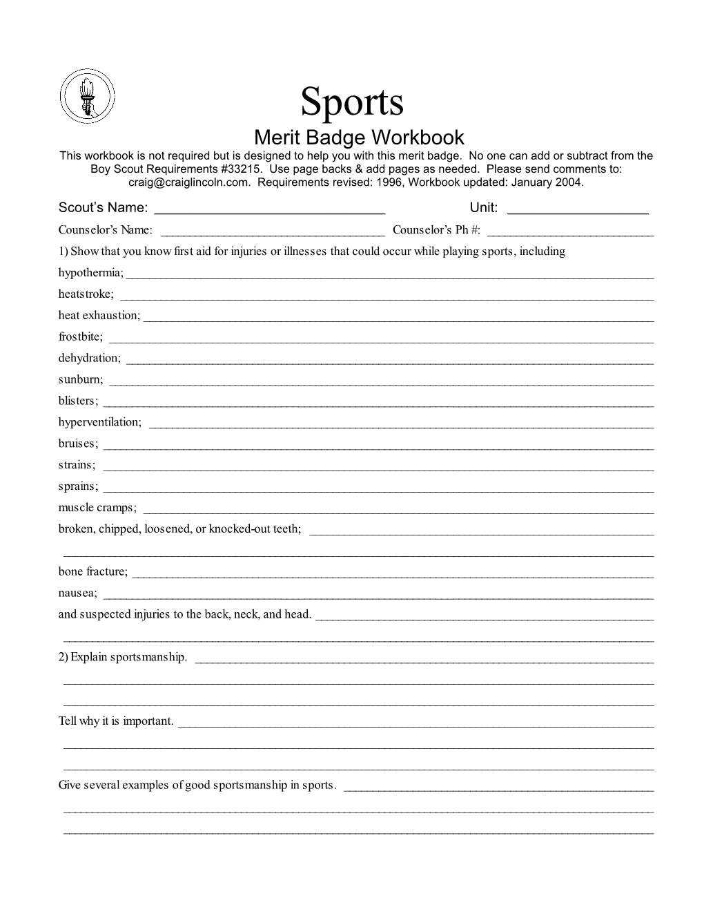 Sports Merit Badge Workbook This Workbook Is Not Required but Is Designed to Help You with This Merit Badge