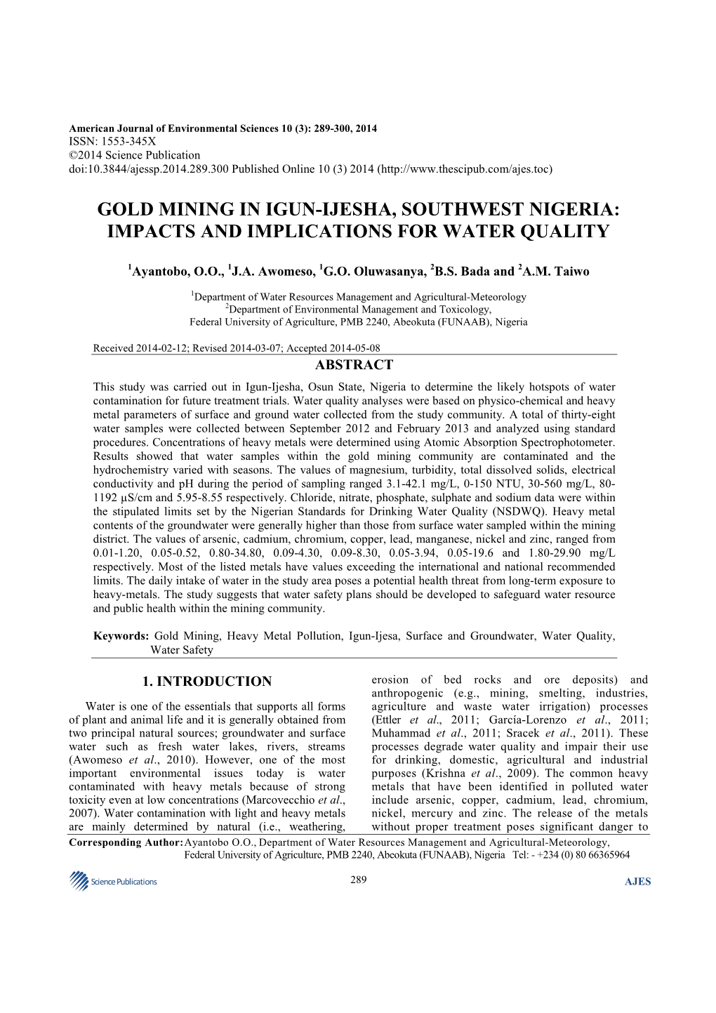 Gold Mining in Igun-Ijesha, Southwest Nigeria: Impacts and Implications for Water Quality