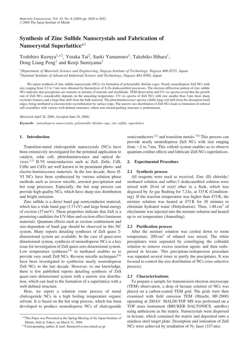 Synthesis of Zinc Sulfide Nanocrystals and Fabrication of Nanocrystal