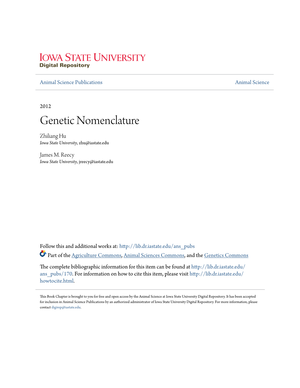 Genetic Nomenclature Zhiliang Hu Iowa State University, Zhu@Iastate.Edu