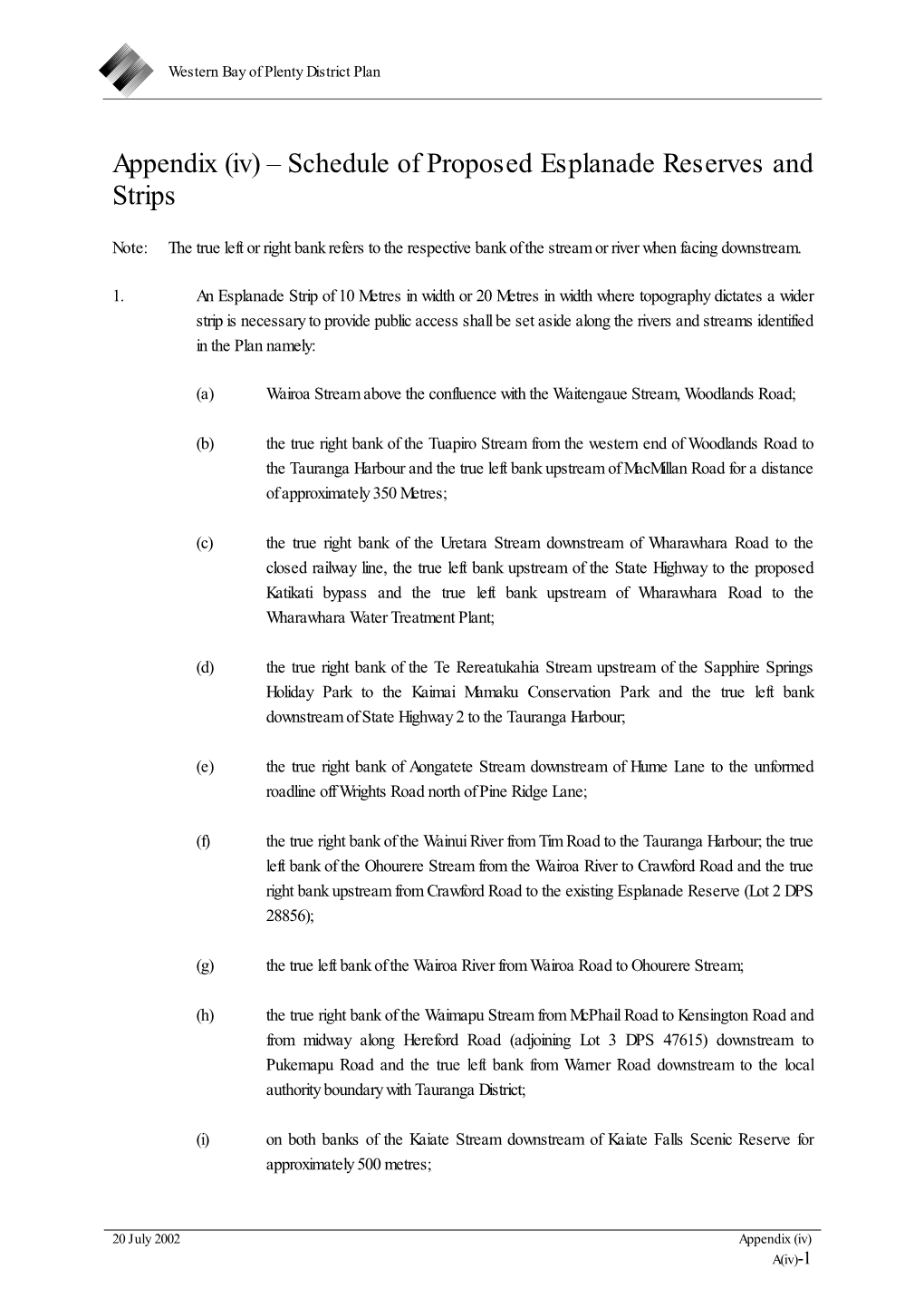 Appendix (Iv) – Schedule of Proposed Esplanade Reserves and Strips