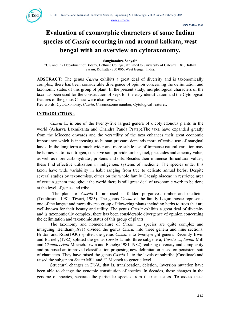 Evaluation of Exomorphic Characters of Some Indian Species of Cassia Occuring in and Around Kolkata, West Bengal with an Overview on Cytotaxonomy