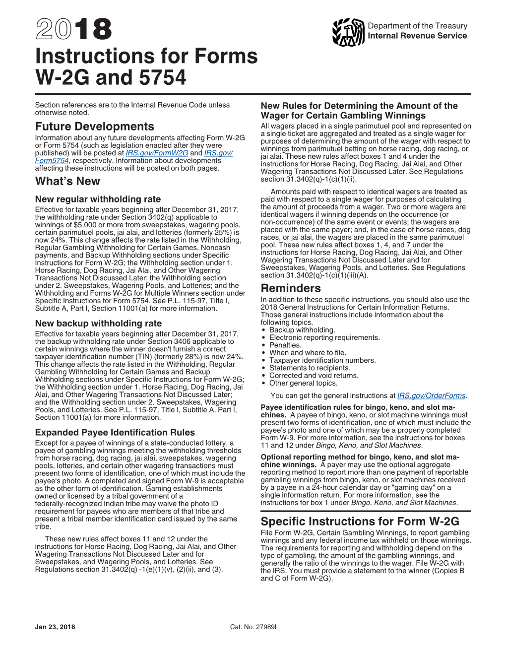 2018 Instructions for Forms W-2G and 5754