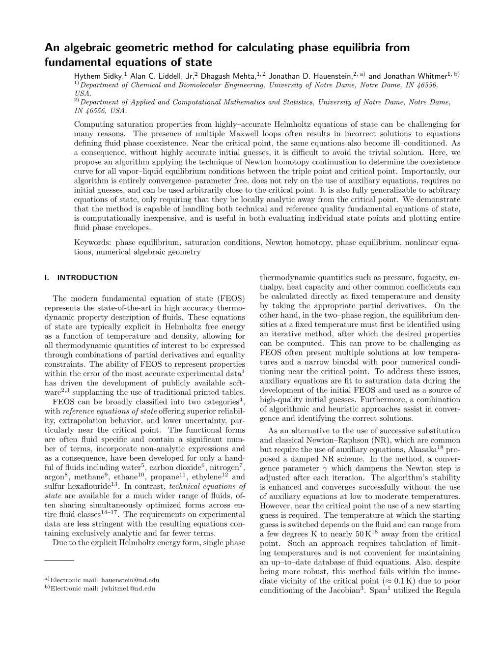 An Algebraic Geometric Method for Calculating Phase Equilibria from Fundamental Equations of State Hythem Sidky,1 Alan C