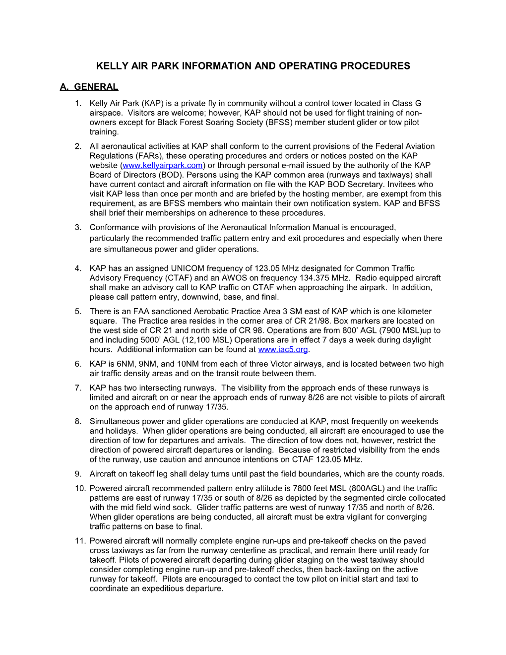 Kelly Air Park Information and Operating Procedures