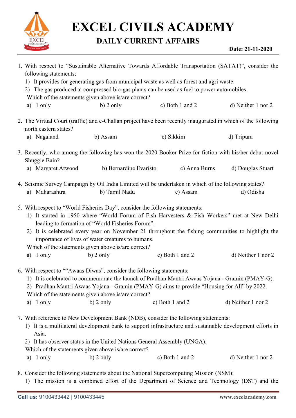 EXCEL CIVILS ACADEMY DAILY CURRENT AFFAIRS Date: 21-11-2020