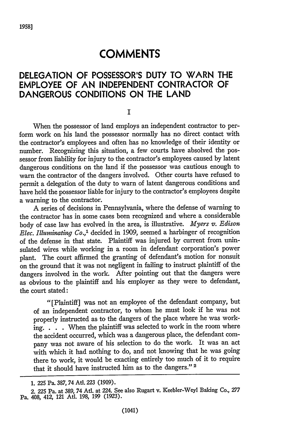 Delegation of Possessor's Duty to Warn the Employee of an Independent Contractor of Dangerous Conditions on the Land