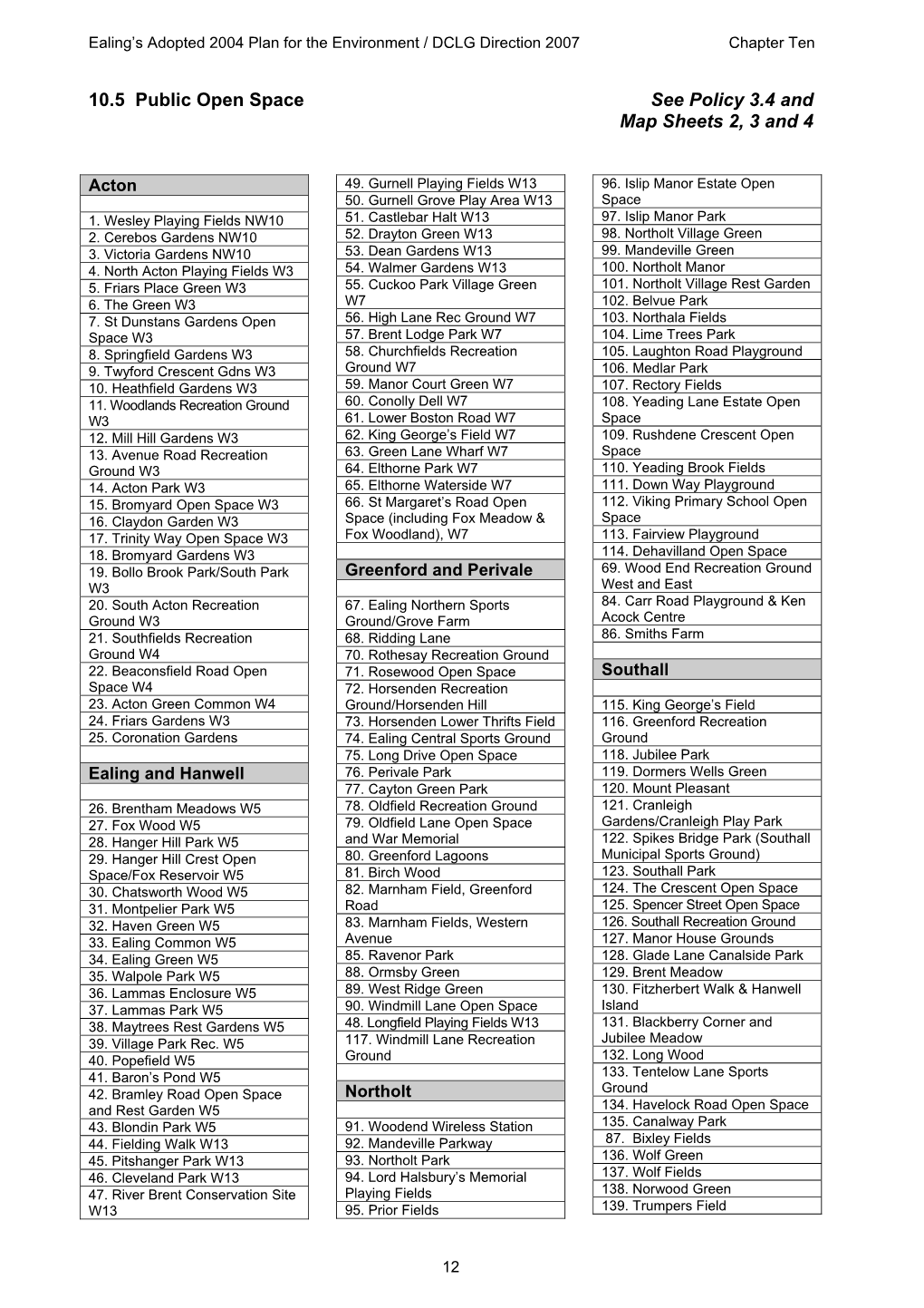 10.5 Public Open Space See Policy 3.4 and Map Sheets 2, 3 and 4