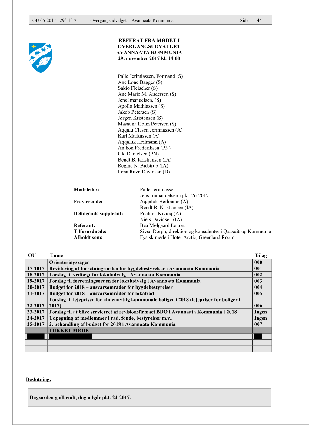 OU 05-2017 - 29/11/17 Overgangsudvalget – Avannaata Kommunia Side