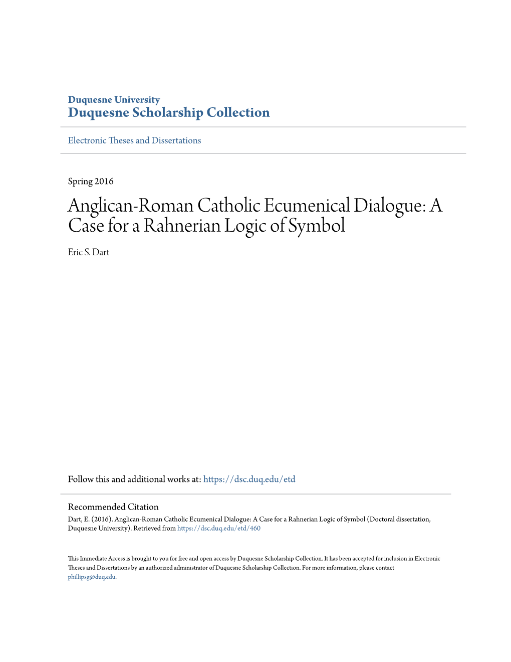 Anglican-Roman Catholic Ecumenical Dialogue: a Case for a Rahnerian Logic of Symbol Eric S