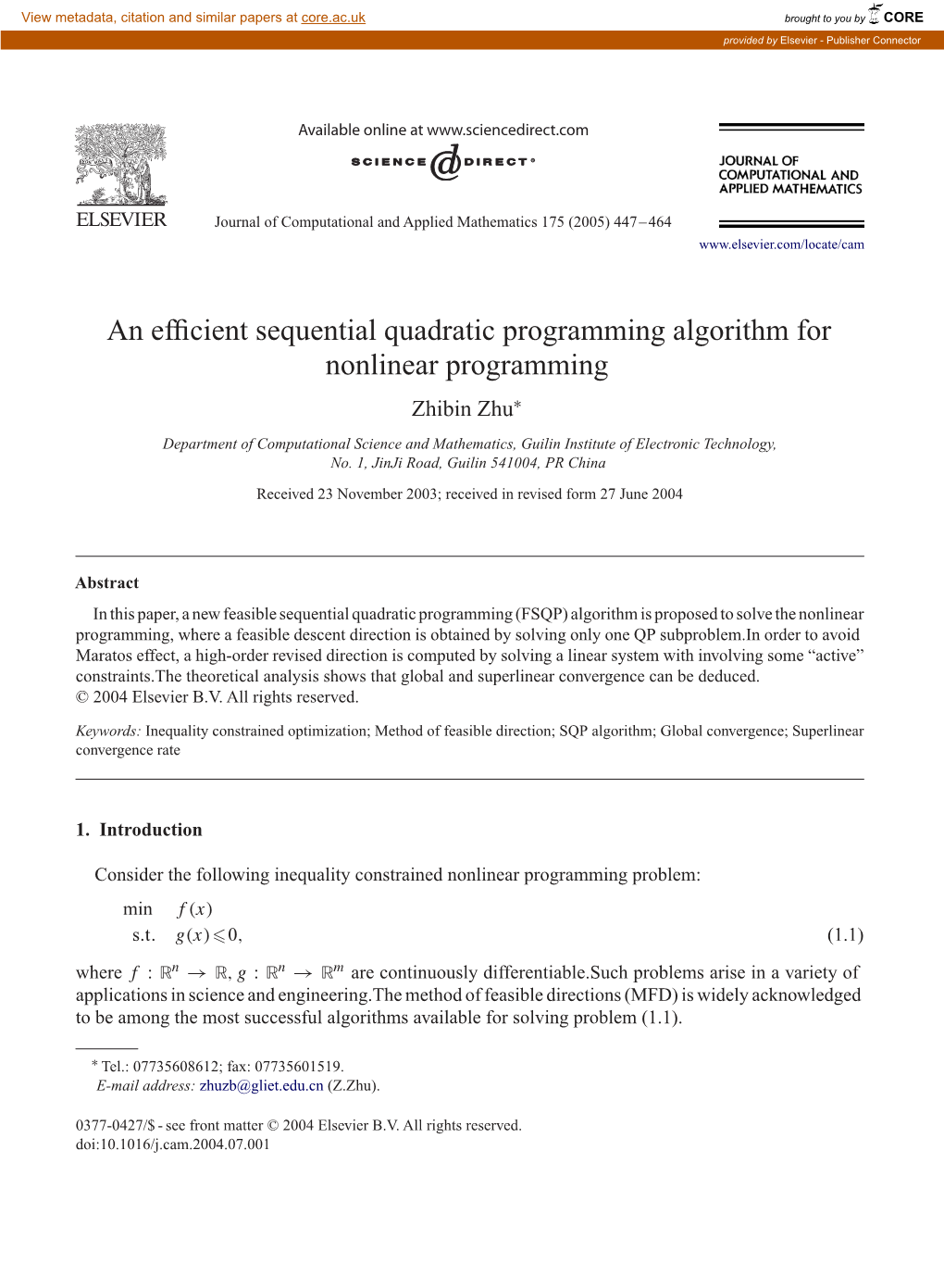 An Efficient Sequential Quadratic Programming Algorithm For