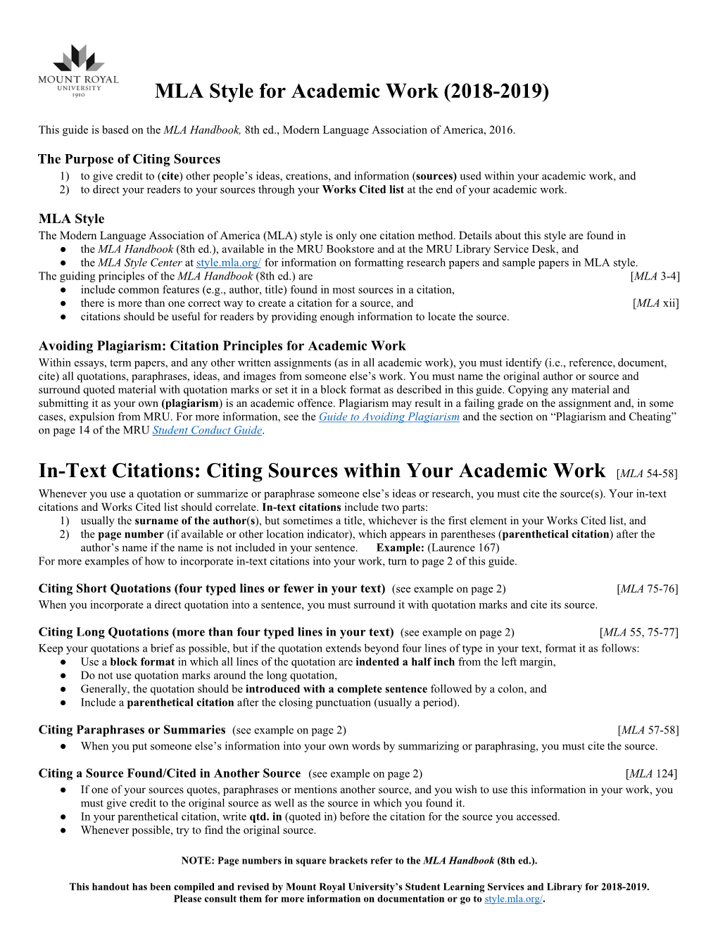 MLA Style for Academic Work (2018-2019) In-Text Citations