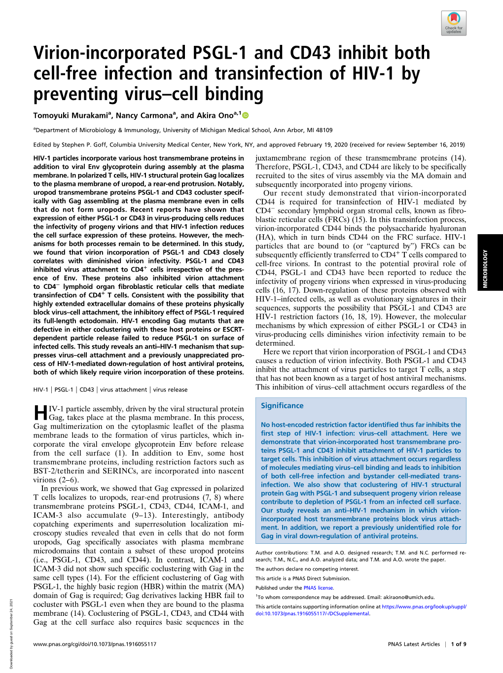 Virion-Incorporated PSGL-1 and CD43 Inhibit Both Cell-Free Infection and Transinfection of HIV-1 by Preventing Virus–Cell Binding