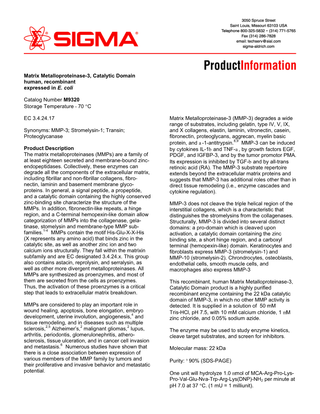 Matrix Metalloproteinase-3, Catalytic Domain (M9320)