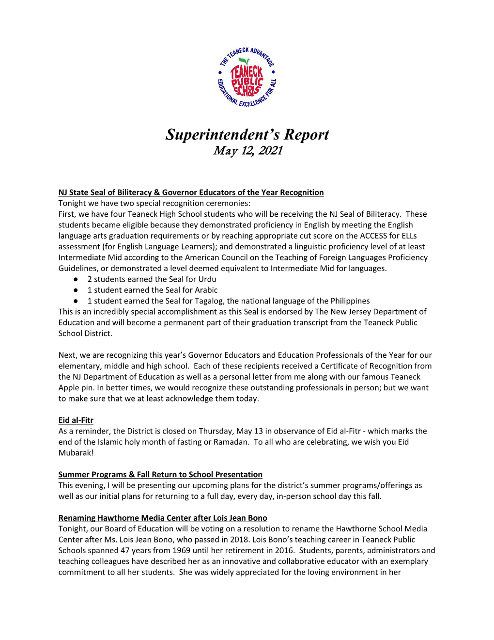 Superintendent's Report