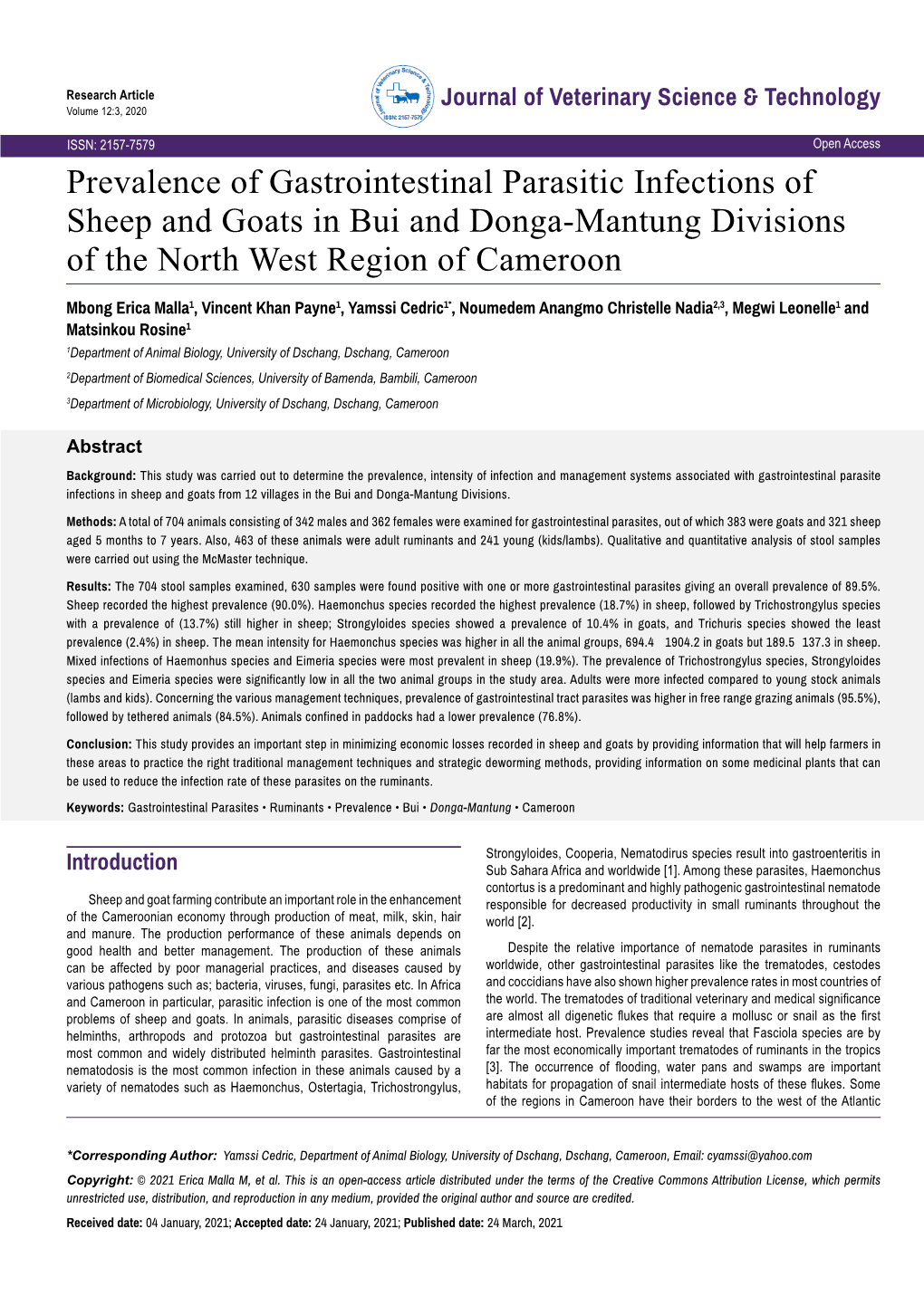 Prevalence of Gastrointestinal Parasitic Infections of Sheep and Goats in Bui and Donga-Mantung Divisions of the North West Region of Cameroon