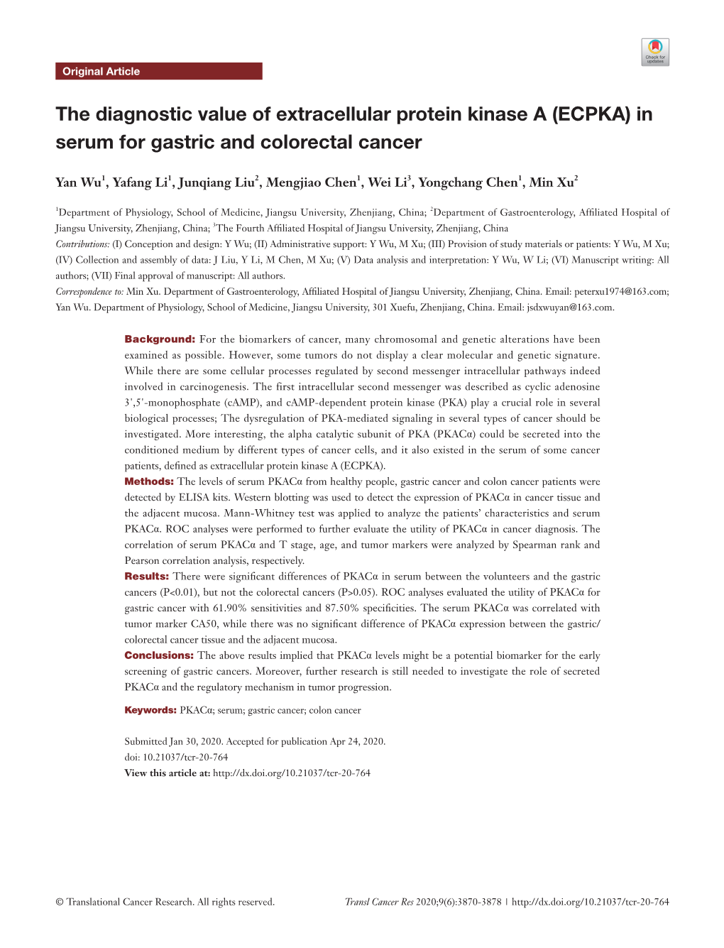 The Diagnostic Value of Extracellular Protein Kinase a (ECPKA) in Serum for Gastric and Colorectal Cancer