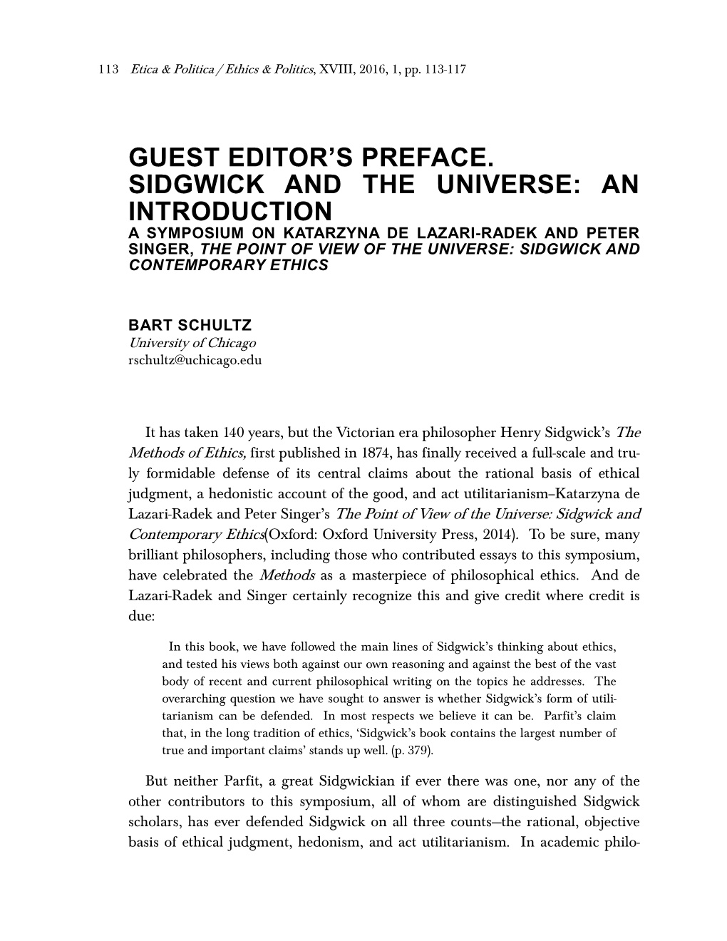 Guest Editor's Preface. Sidgwick and the Universe