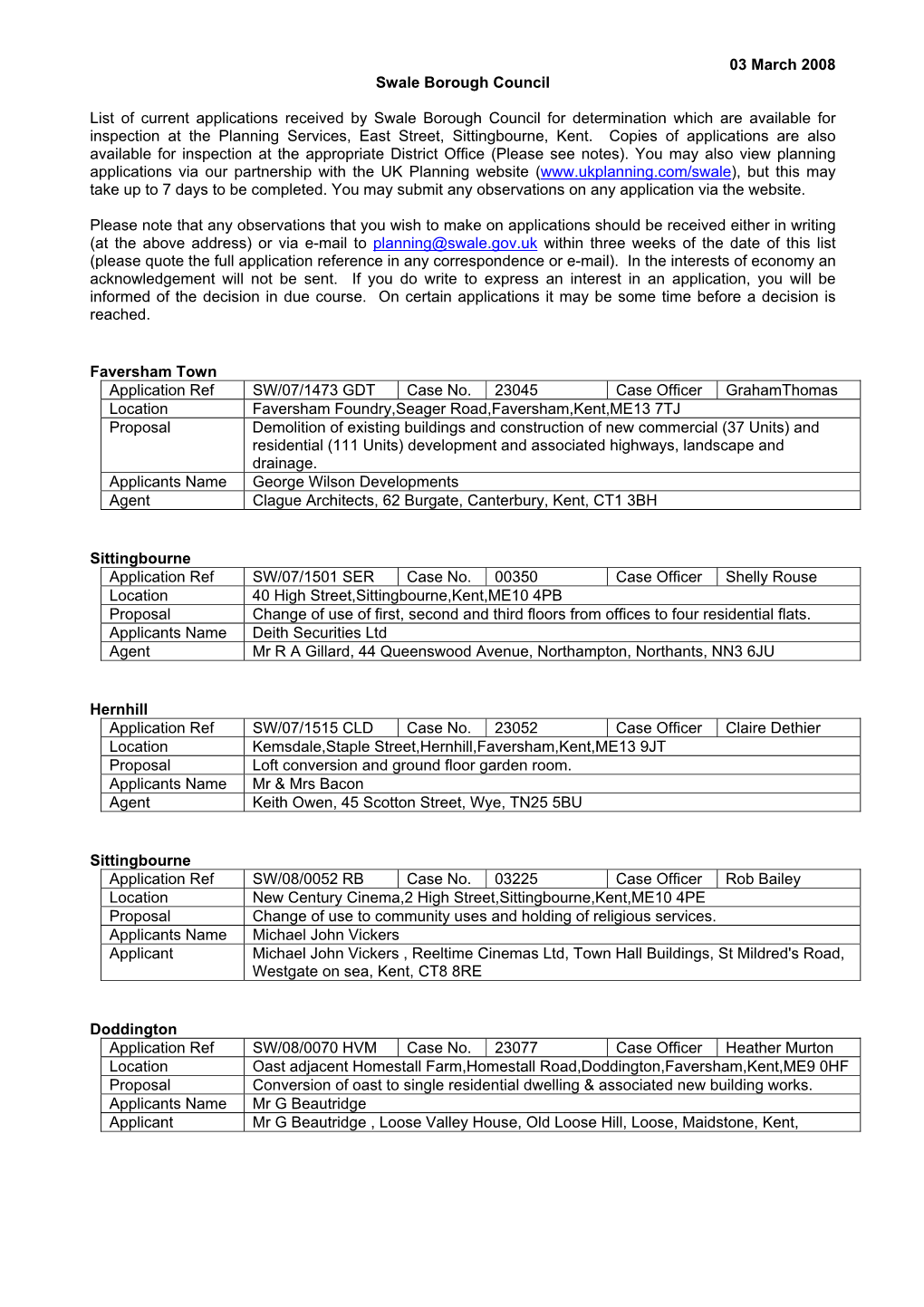 03 March 2008 Swale Borough Council List of Current Applications Received by Swale Borough Council for Determination Which Are A
