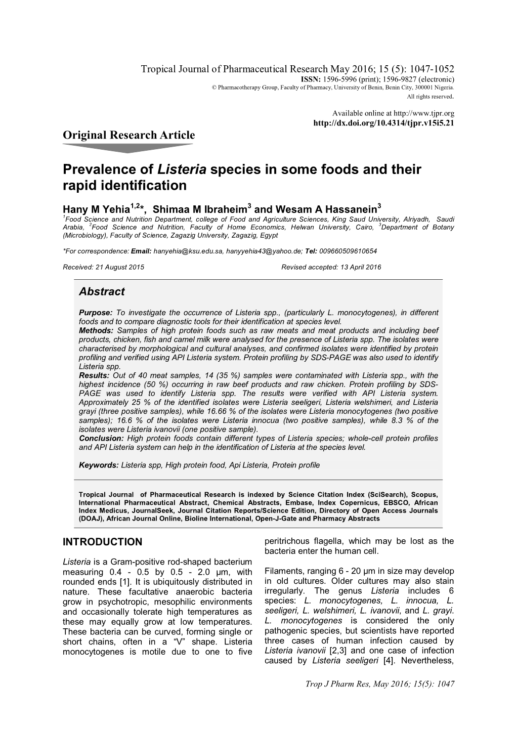 Prevalence of Listeria Species in Some Foods and Their Rapid Identification