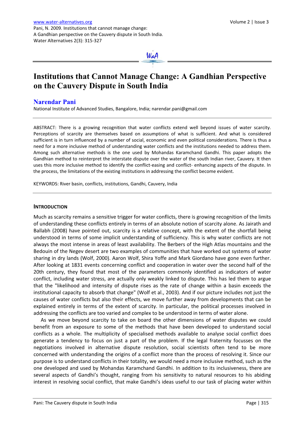 A Gandhian Perspective on the Cauvery Dispute in South India