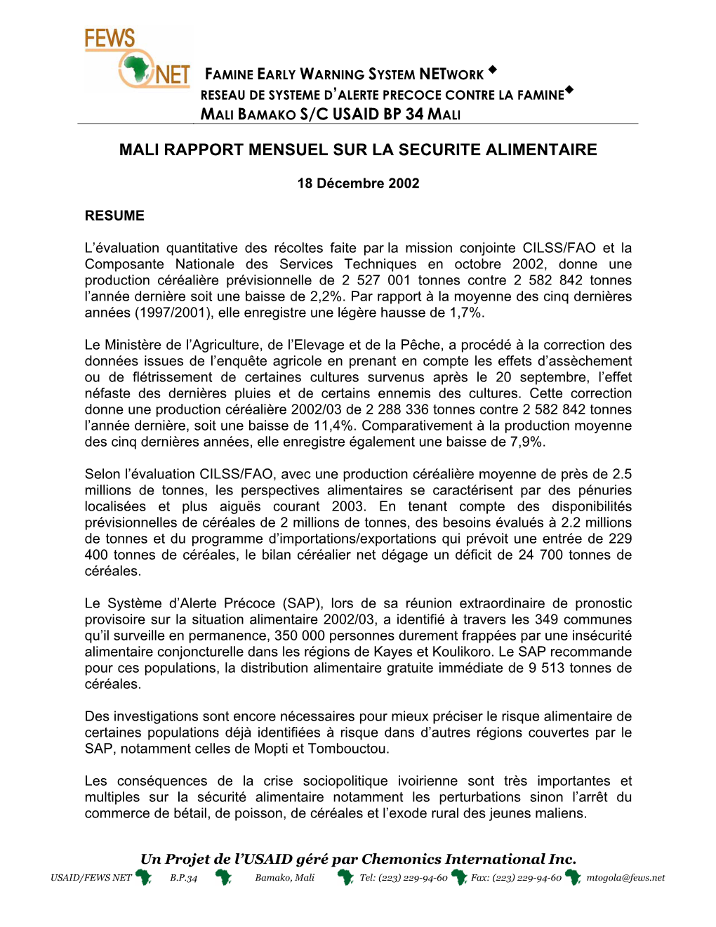 Mali Bamako S/C Usaid Bp 34 M Mali Rapport Mensuel Sur